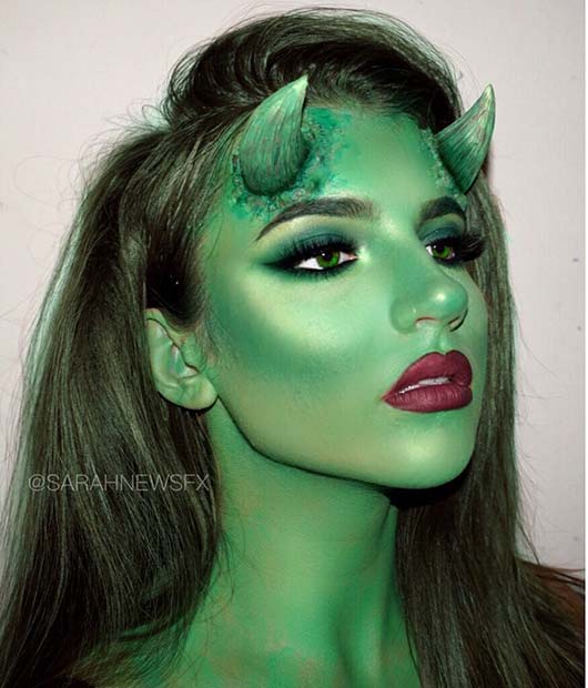 Green Demon Makeup with Horns