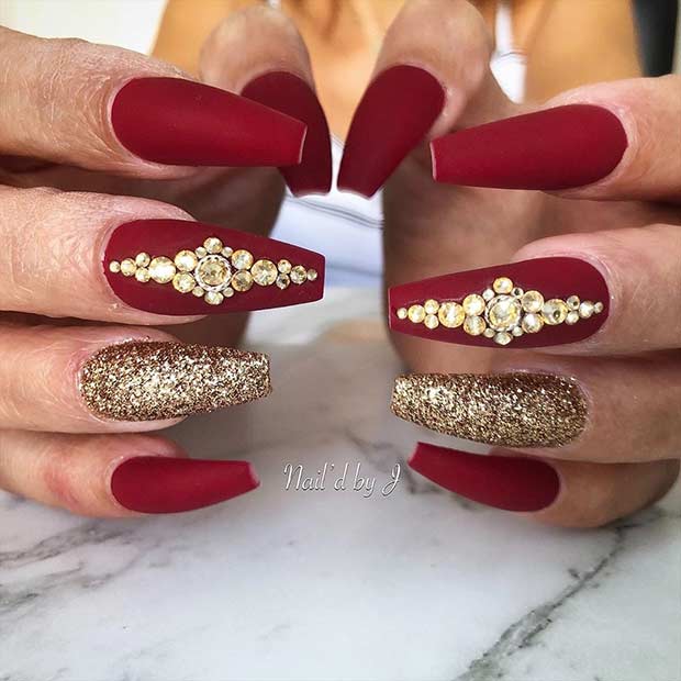 Matte Red Coffin Nails with Gold