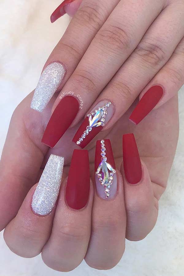 Matte Red and Glitter Nail Design