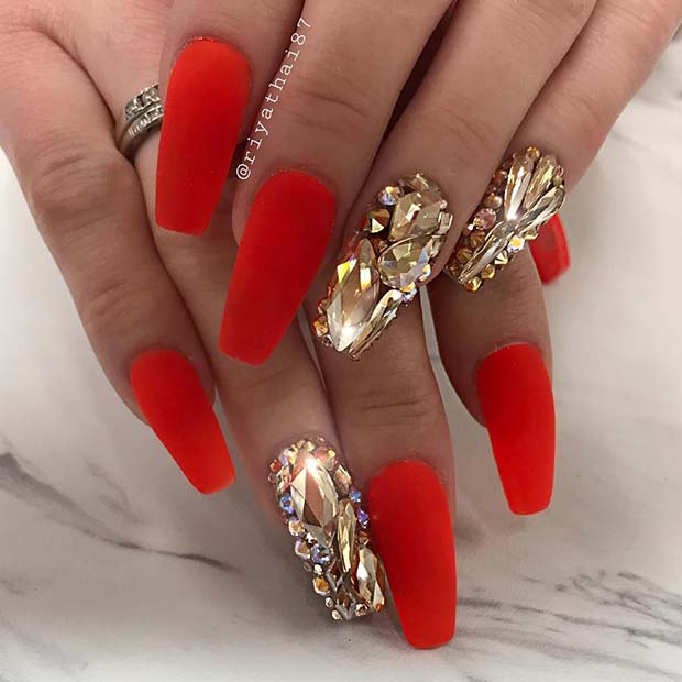Matte Red Coffin Nails with Rhinestones