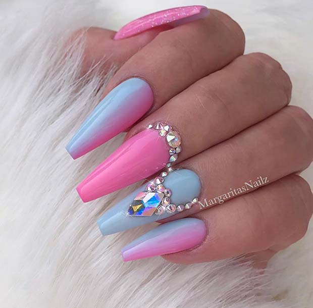 Pink and Blue Nail Design with Rhinestones