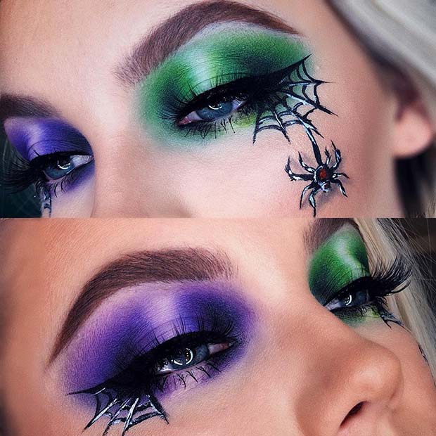 Purple and Green Eye Makeup with Spiders and Webs