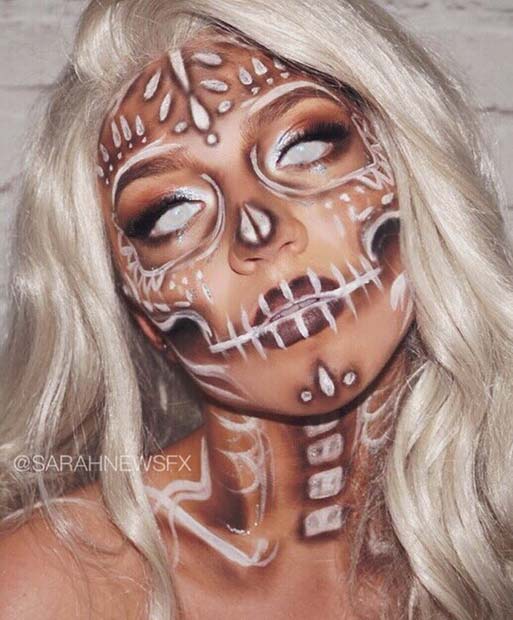 White Sugar Skull Makeup with Scary Contact Lenses