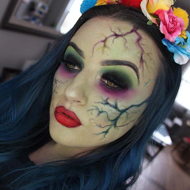 Unique Halloween Makeup with Flower Crown