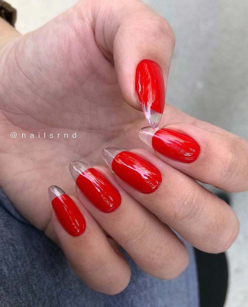 Unique Red Nails with Clear Tips