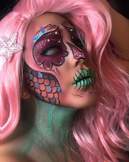 Unique Sugar Skull Makeup with a Mermaid Theme
