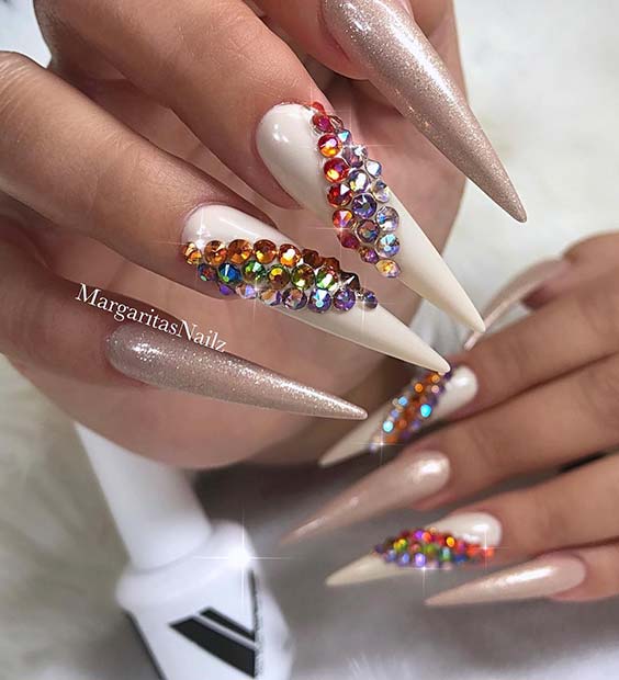 White Nails with Glam Gems