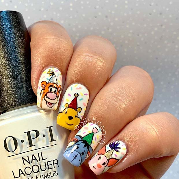 Winnie the Pooh Nails with a Birthday Theme