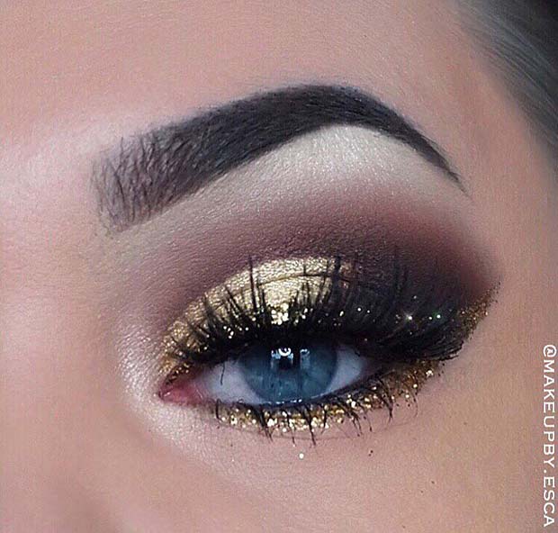 Beautiful Eye Makeup with Gold Glitter
