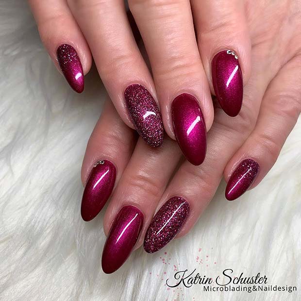 Burgundy and Glitter Almond Nails