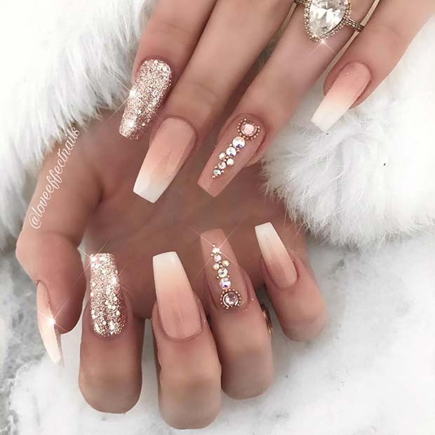 Elegant Coffin Nails with Rhinestones and Glitter