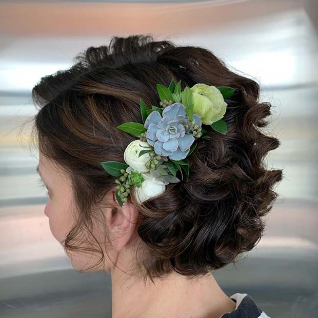 Elegant Short Curly Hairstyle with Flowers