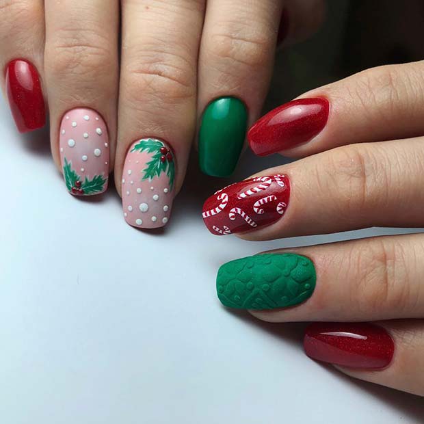 Festive Red and Green Nails with Holly and Candy Canes