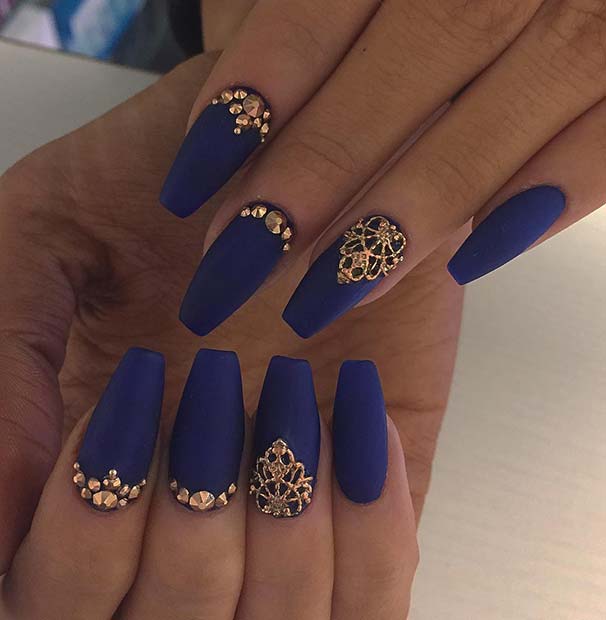 Glamorous Navy Blue and Gold Nail Design