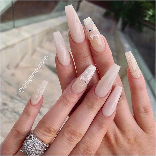 Light Nude Coffin Nails with Silver Butterflies