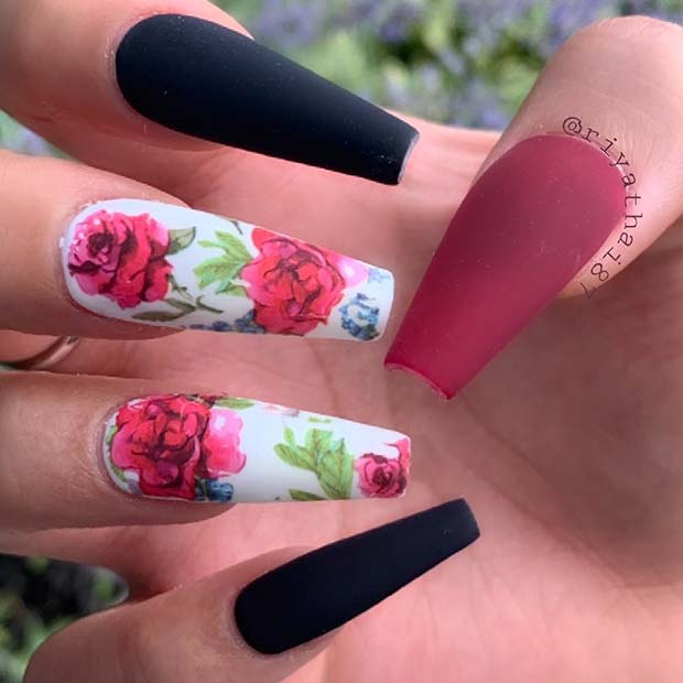 Floral Nail Design for Coffin Nails
