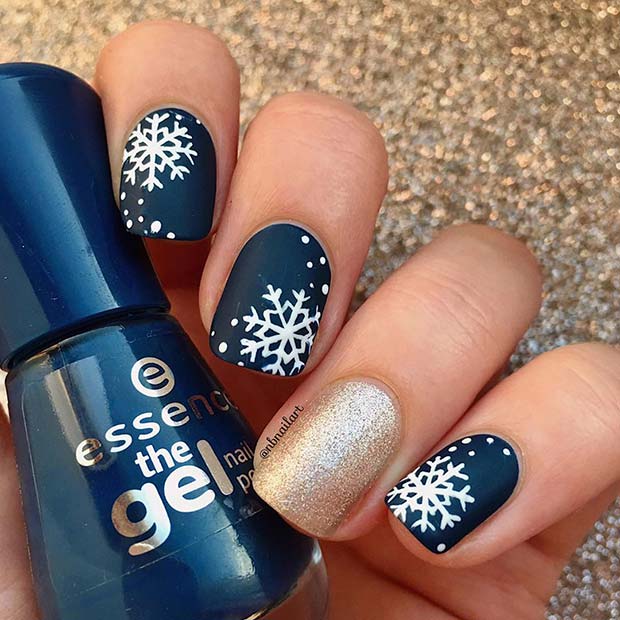 Navy Blue, Snowflakes and Glitter Nails