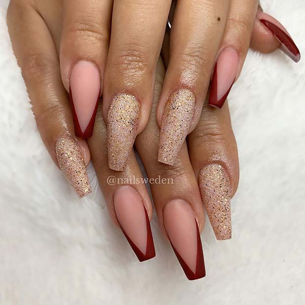 Nude Nails with Red Tips and Glitter Accent Nails