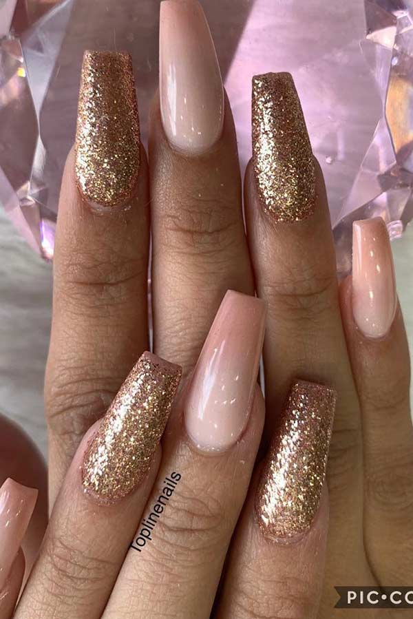 Nude Ombre and Gold Glitter Nails