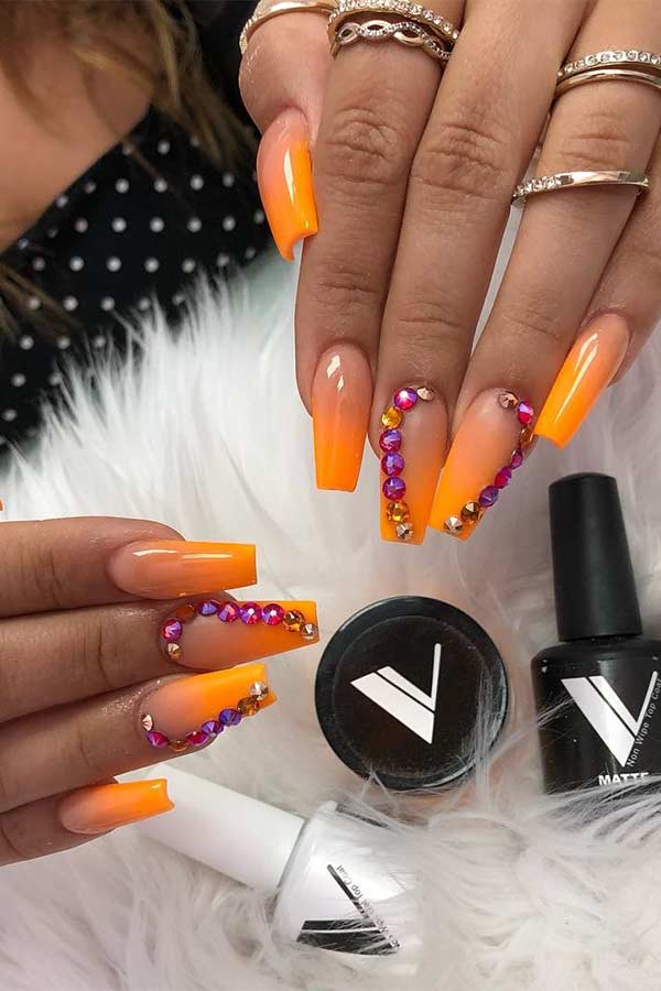 Orange Nails with Rhinestones