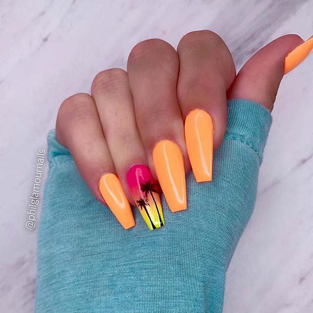 Orange Nails with Tropical Palm Trees