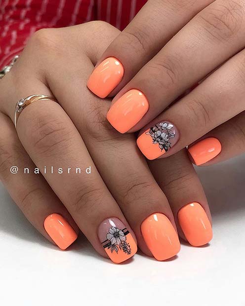 Pastel Orange Nails with Flowers