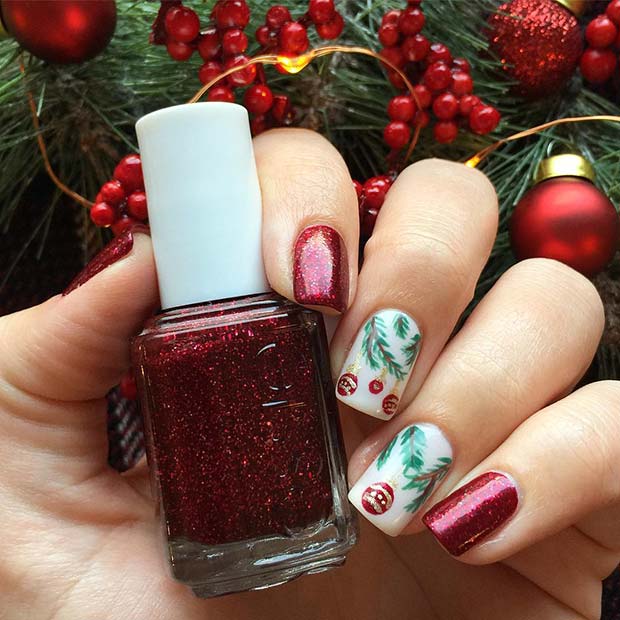 Red Glitter Nails with Christmas Baubles