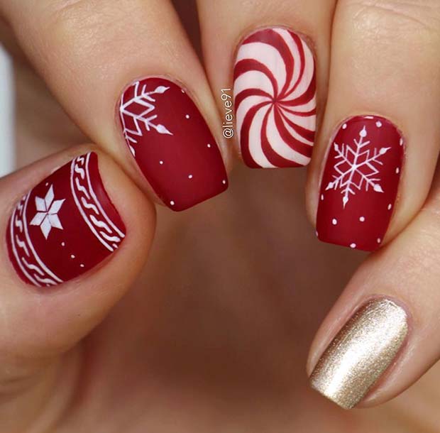 Red, White and Gold Nails with Festive Art
