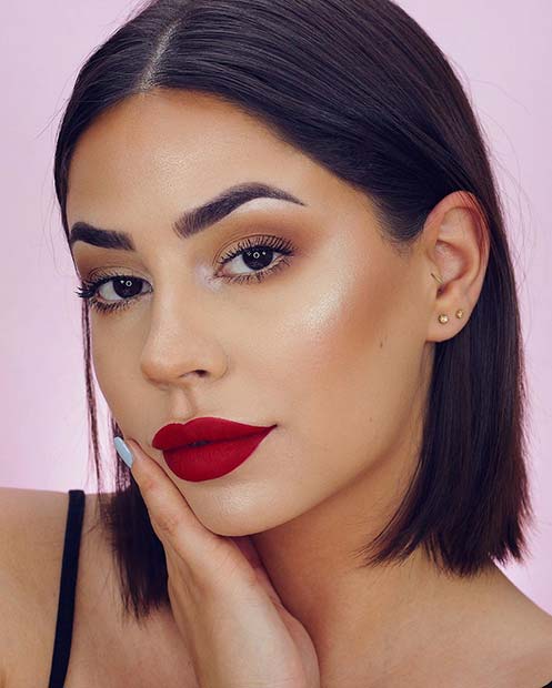 Soft Eye Makeup with Bold Red Lip Color