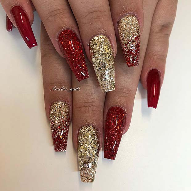 Sparkly Red and Gold Christmas Nails