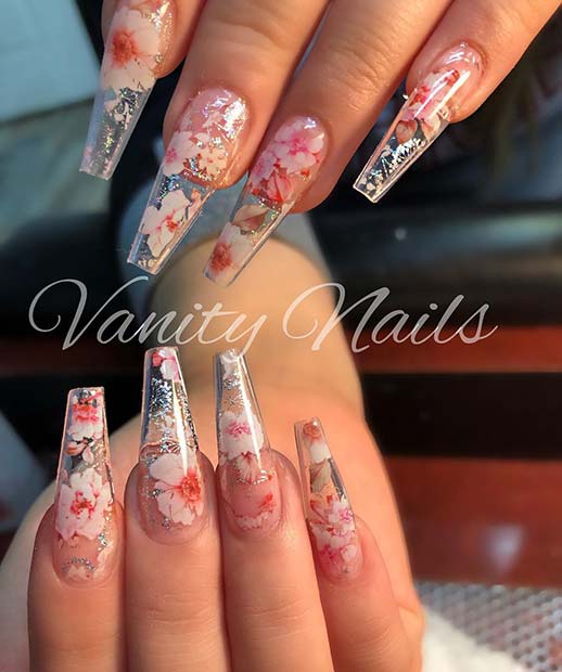 Stunning Clear Nails with Flowers 