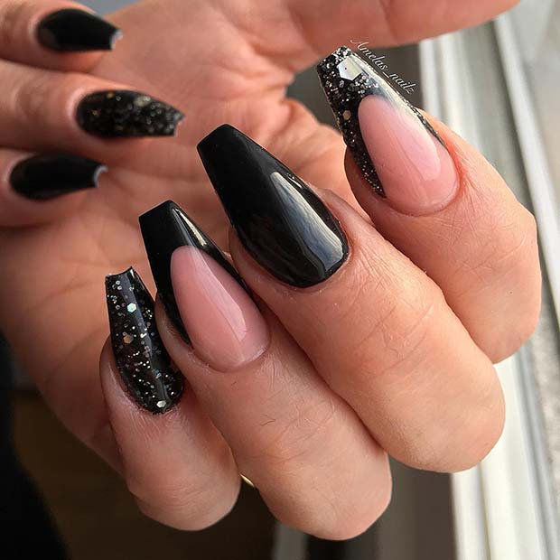 Black Coffin Nails with Glitter