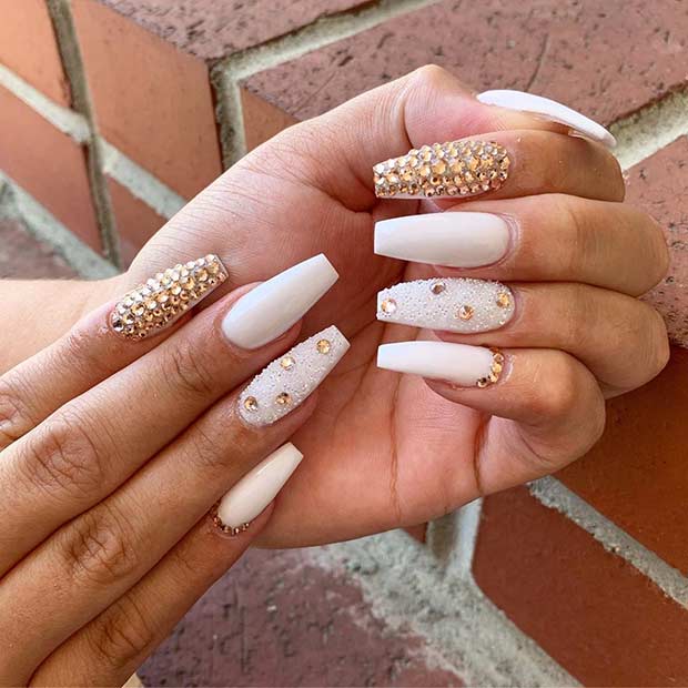 White Coffin Nails with Gold Rhinestones