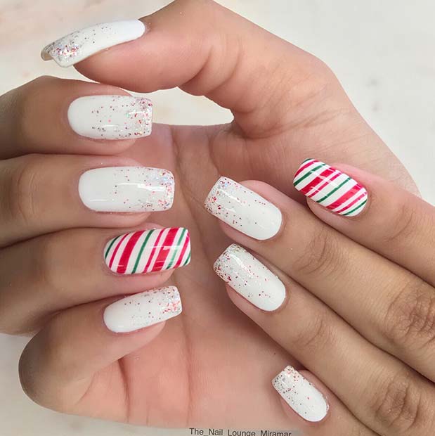 White Glitter Nails with Festive Stripe Accent Nails