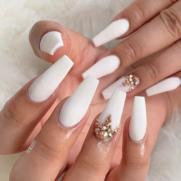 White Matte Coffin Nails with Gold Studs