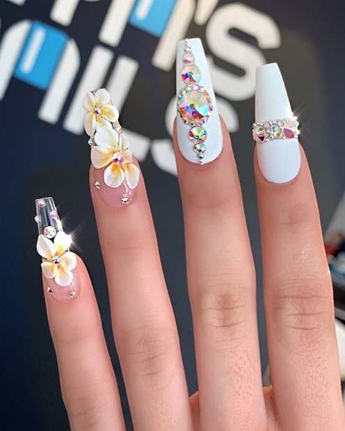 White Nails with Beautiful 3D Flowers