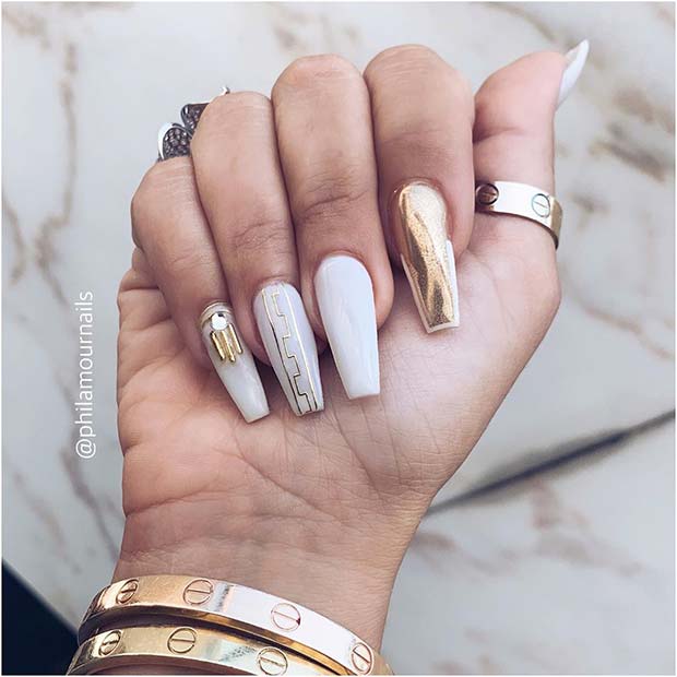 White Nails with Gold Chrome and Gold Nail Art