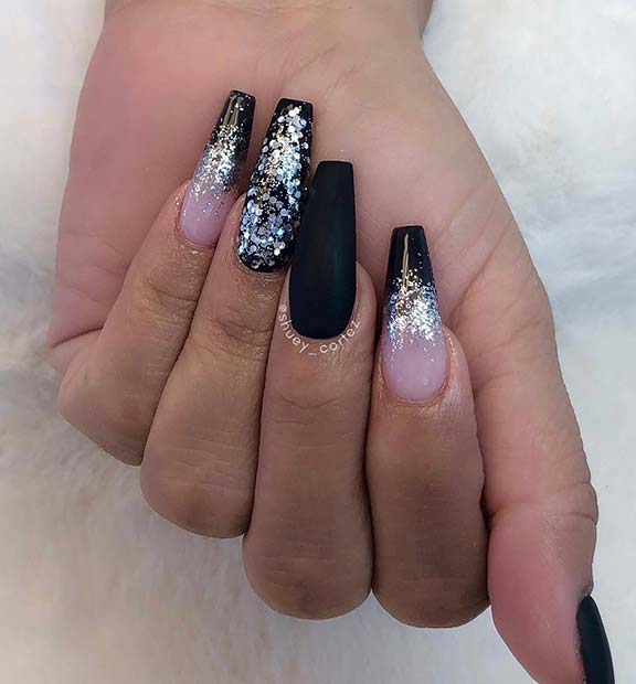 Black Nails with Silver Glitter