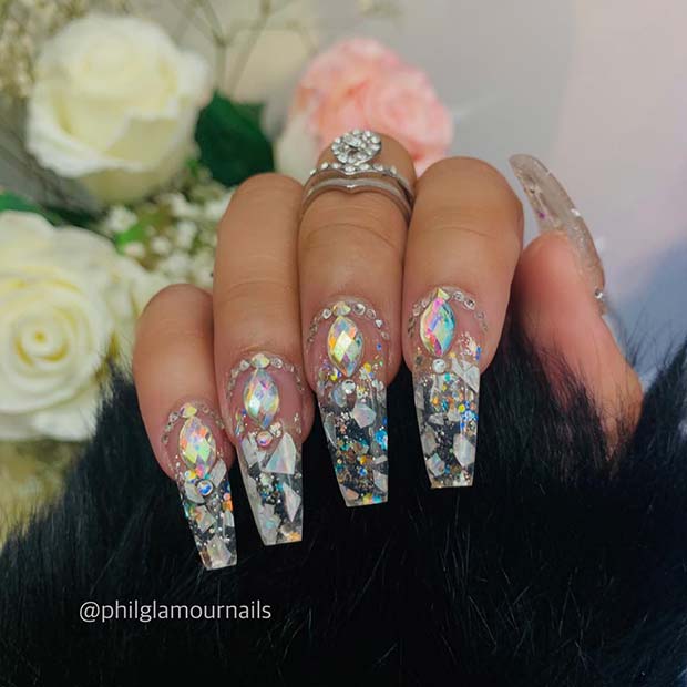 Clear Acrylic Nails with Rhinestones