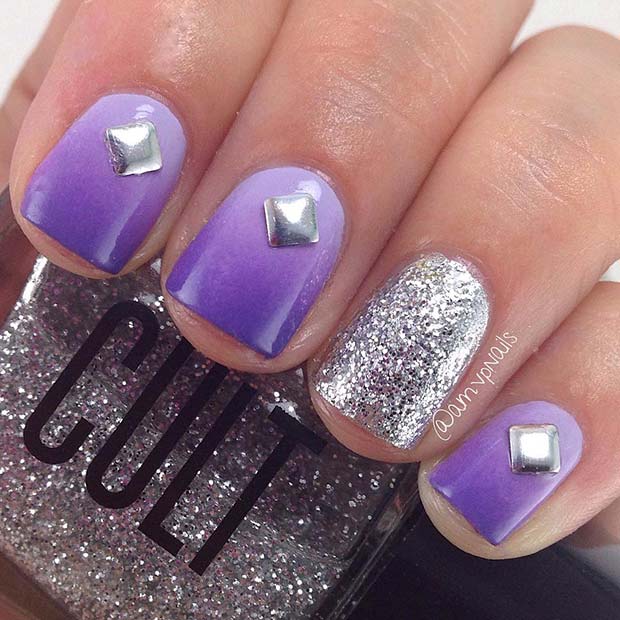 Short Purple Nails with Silver Glitter