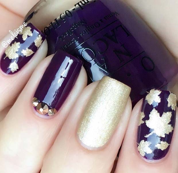 Glam Purple and Gold Nails with Leaf Art