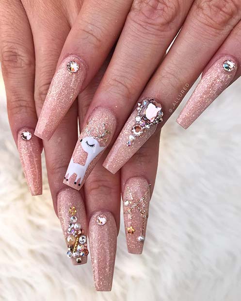 Glitzy Nails with Reindeer Nail Art