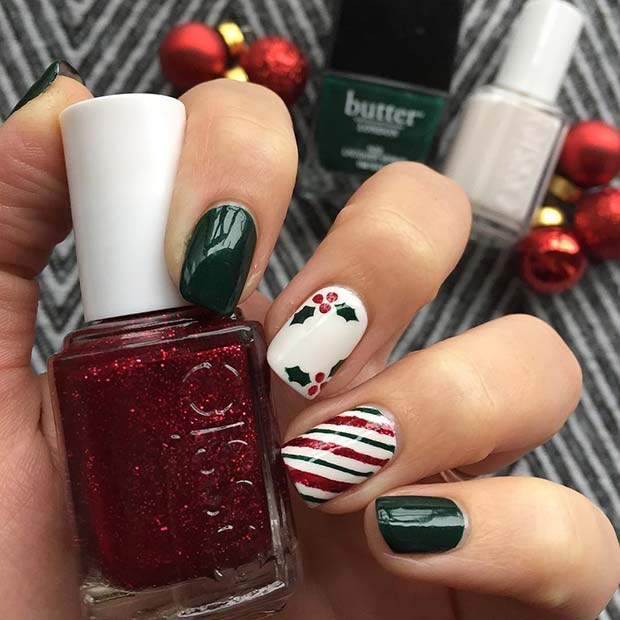 Holly and Candy Cane Nail Art