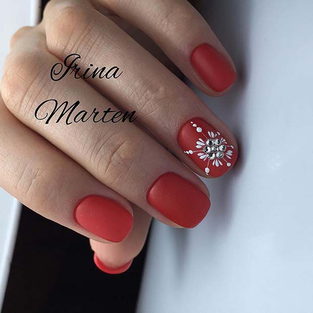 Matte Red Nails with Glam Silver Accent Nail