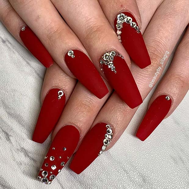 Matte Red Nails with Rhinestones