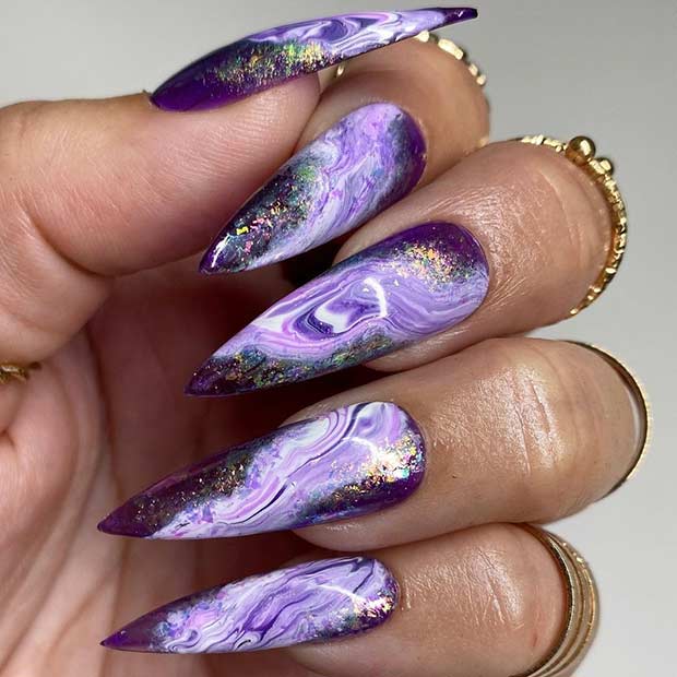 Purple Marble Stiletto Nails