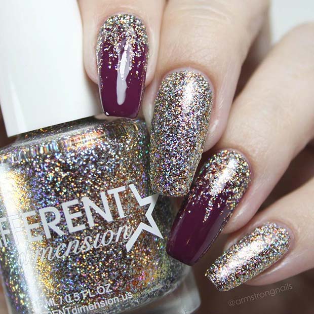 Purple Nails with Gold Glitter