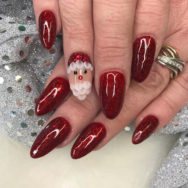 Santa and Red Glitter Nail Design