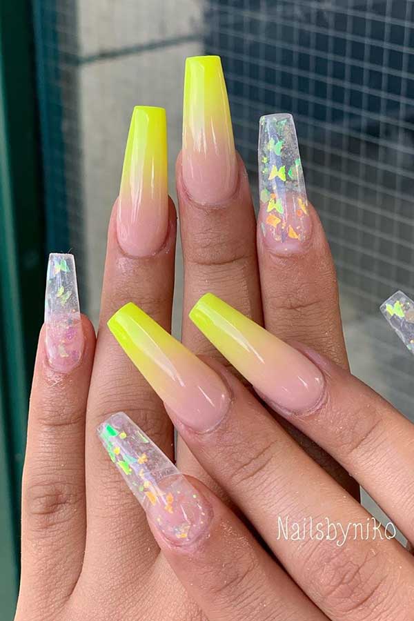 Yellow Ombre Nails with Butterflies