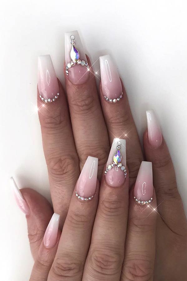 Bridal Ombre Nails with Rhinestones